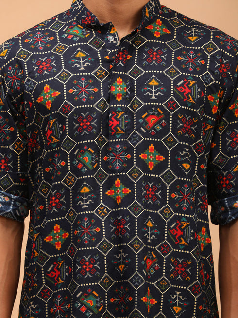 Men's Blue Printed Rayon Kurta With Pant Set